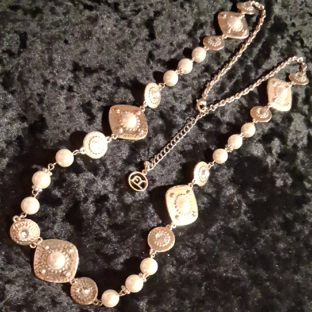 Erica Lyons Gold and White Pearl With Crystals Double Sided Long Necklace.